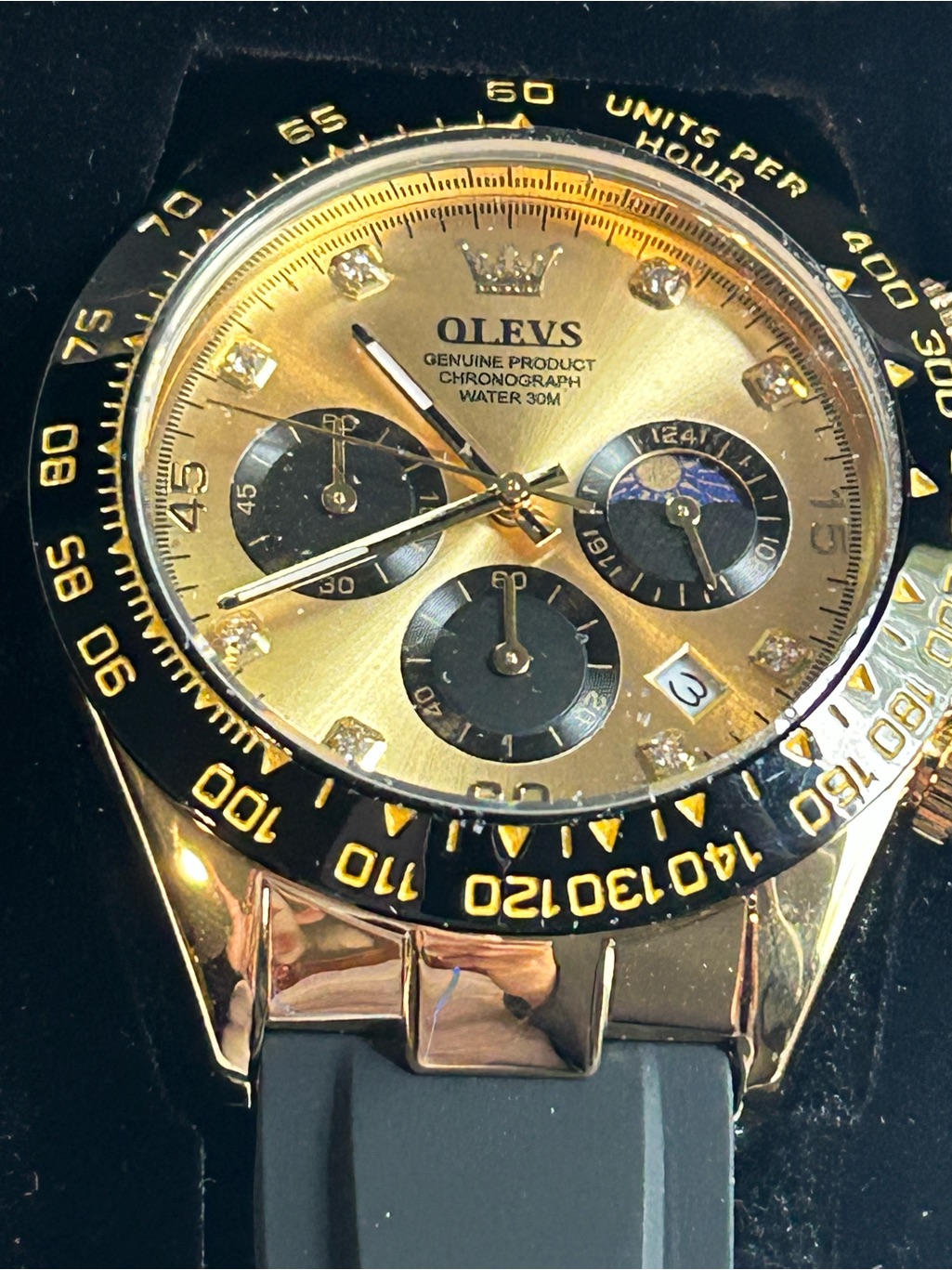 Olevs Gold Chronograph Watch With Black Bezel